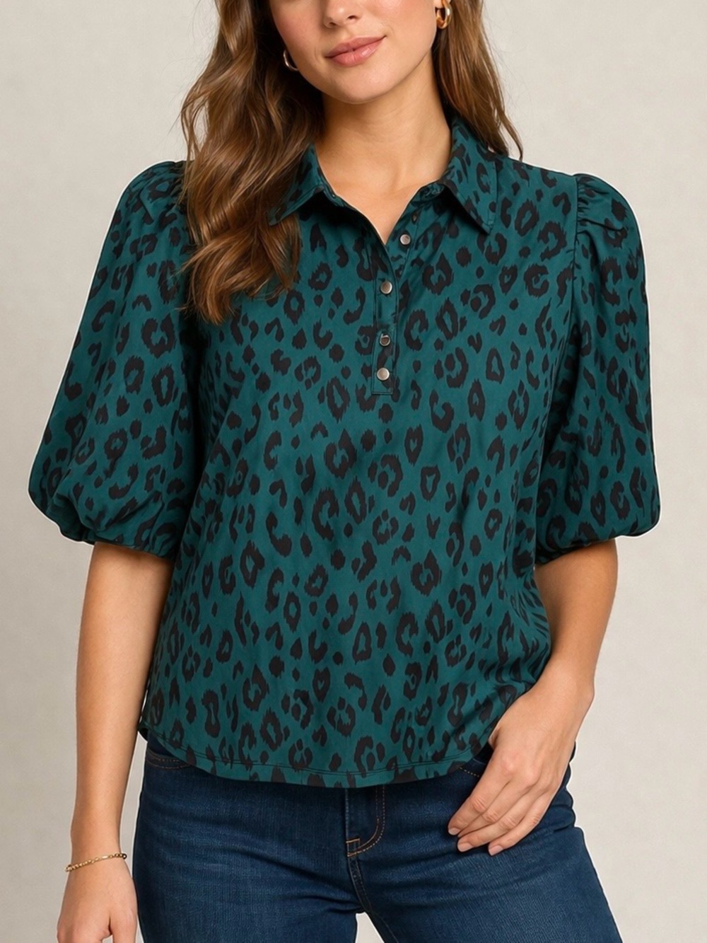 Chico's 1 Zenergy UPF Neema Blouse Short Puff Sleeve Teal Size 8 Medium